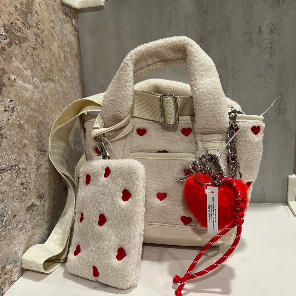 Chic Cream and Red Fuzzy Hearts Women's Bag - Madden Girl